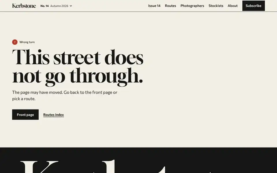 Kerbstone, page "Not found", first screen