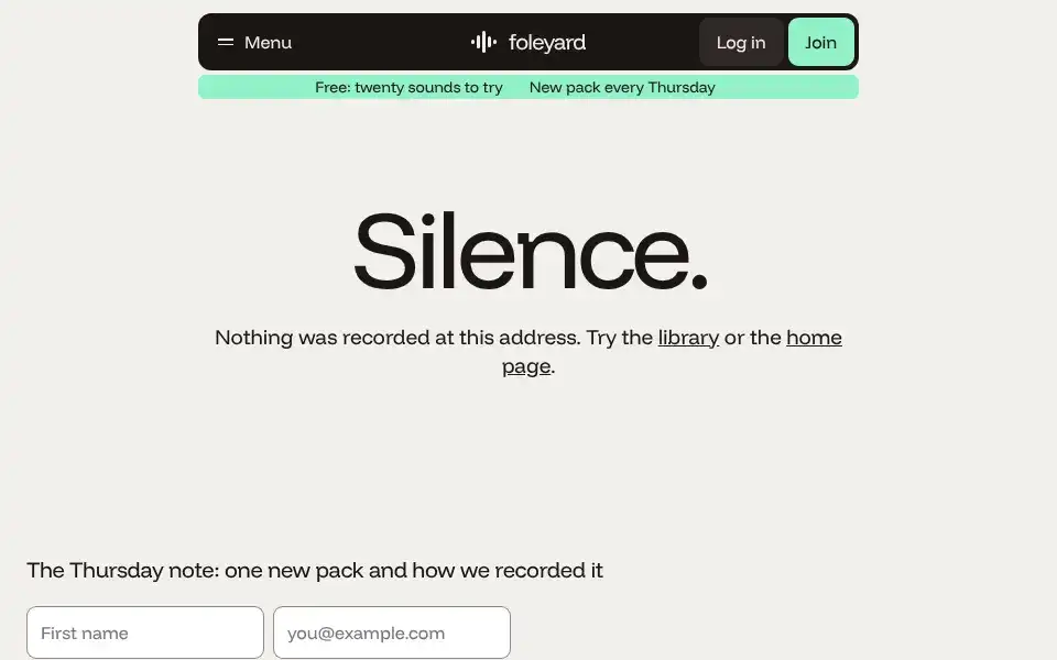 Foleyard, page "Not found", first screen