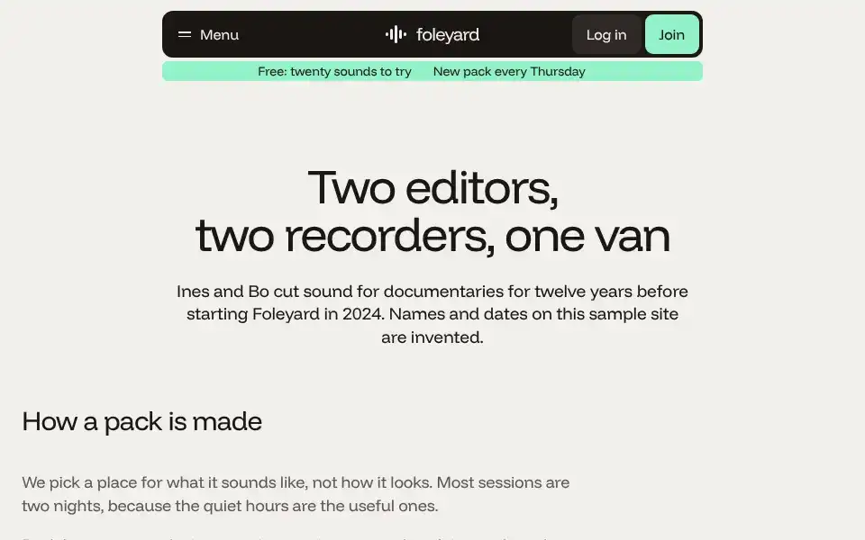 Foleyard, page "About (method, recording log)", first screen