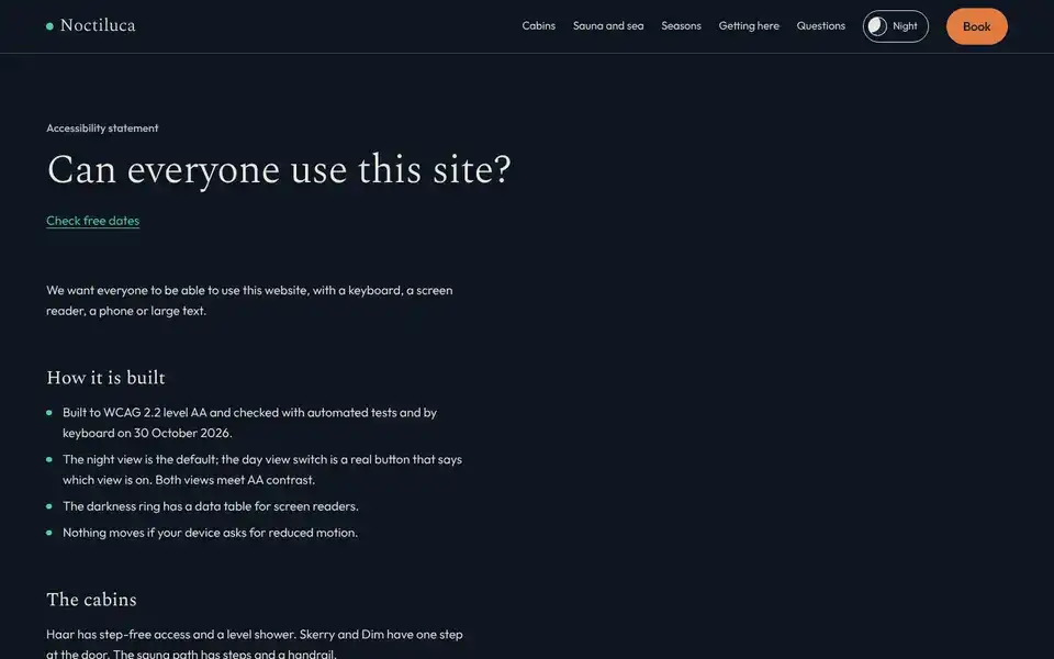 Noctiluca, page "Accessibility", first screen