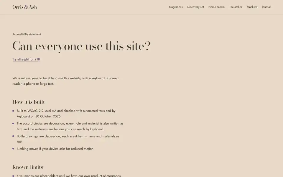 Orris & Ash, page "Accessibility", first screen