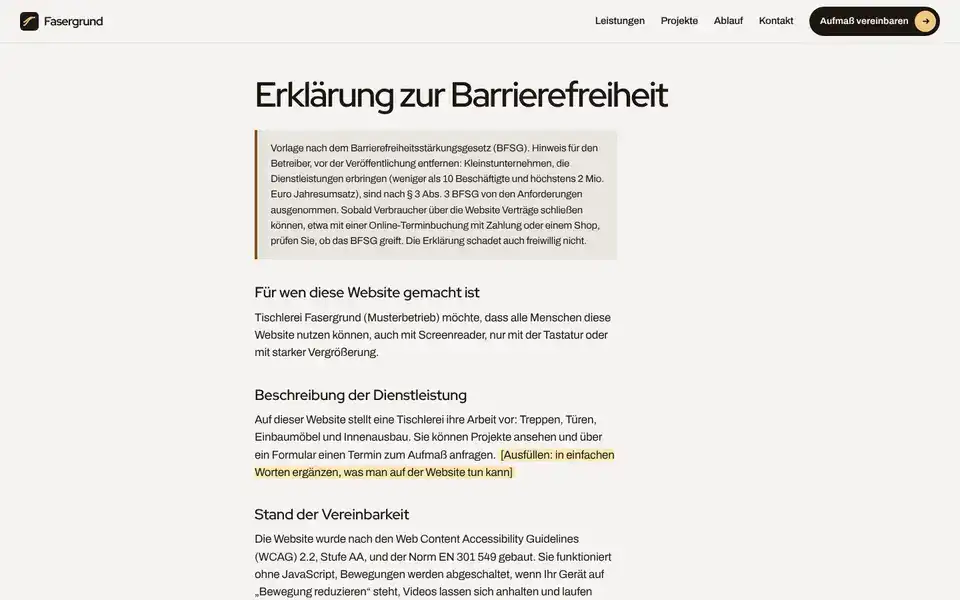 Fasergrund, page "Barrierefreiheitserklärung (BFSG-Vorlage)", first screen