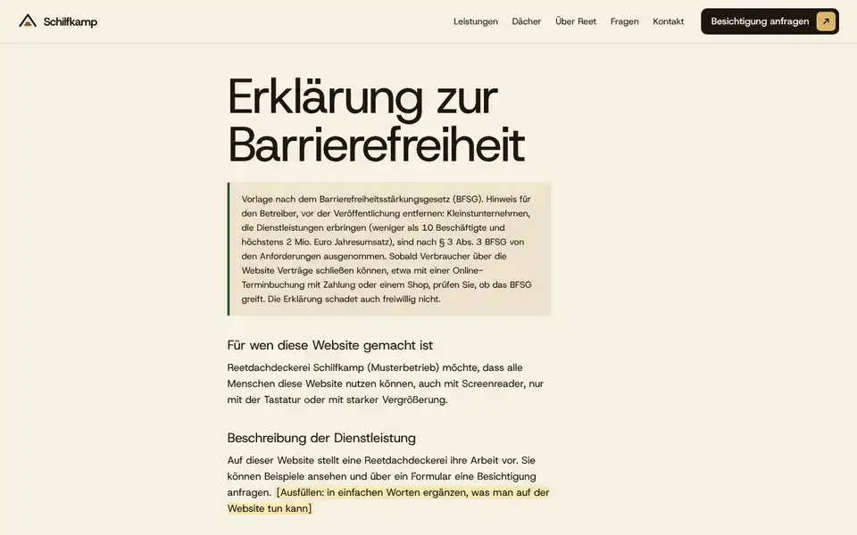 Schilfkamp, page "Barrierefreiheitserklärung (BFSG-Vorlage)", first screen