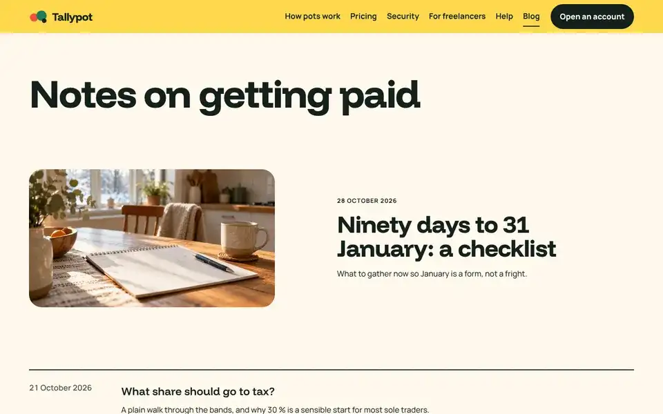 Tallypot, page "Blog", first screen