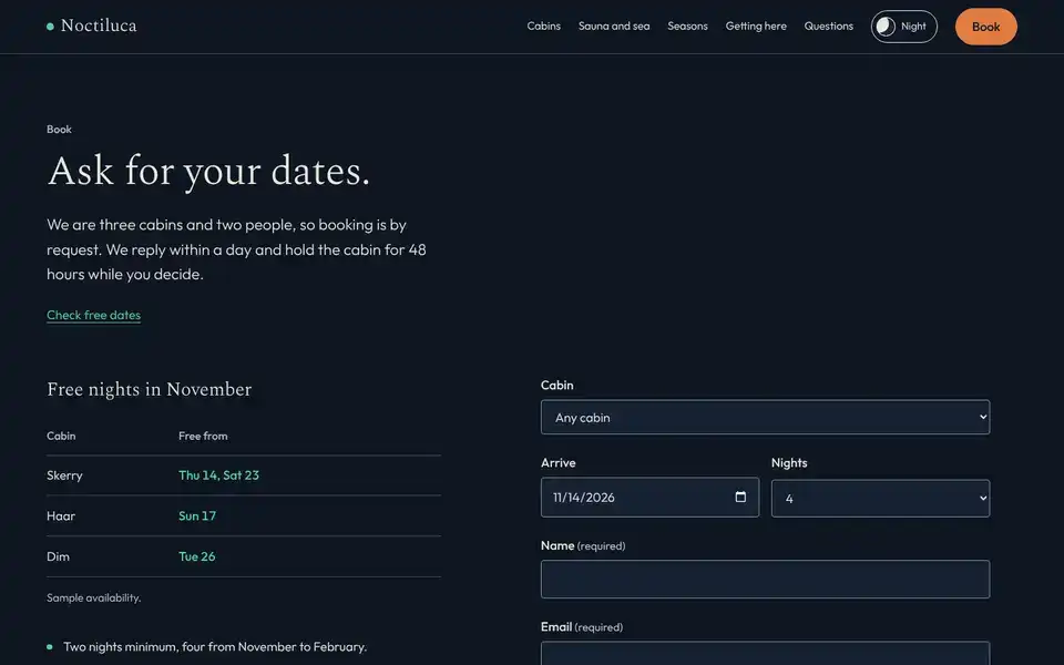 Noctiluca, page "Book (request form)", first screen