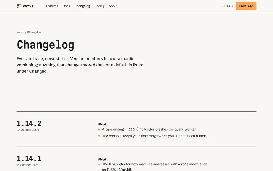 Specimen, page "Changelog", first screen