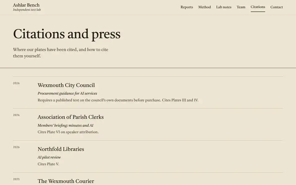 Ashlar Bench, page "Citations and press", first screen