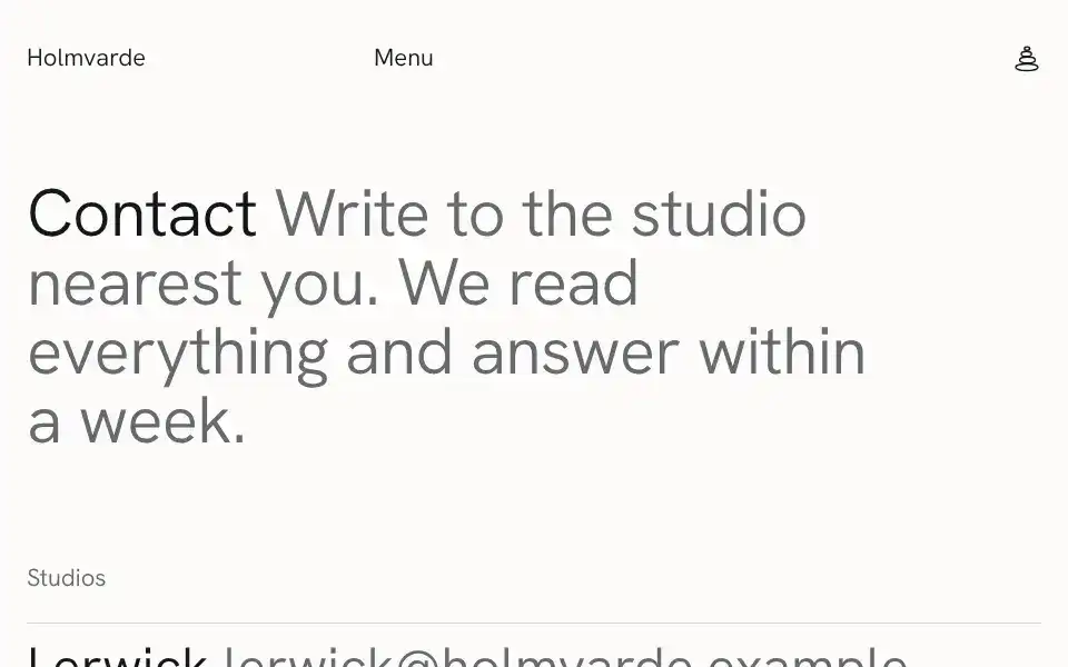 Holmvarde, page "Contact (studios and form)", first screen