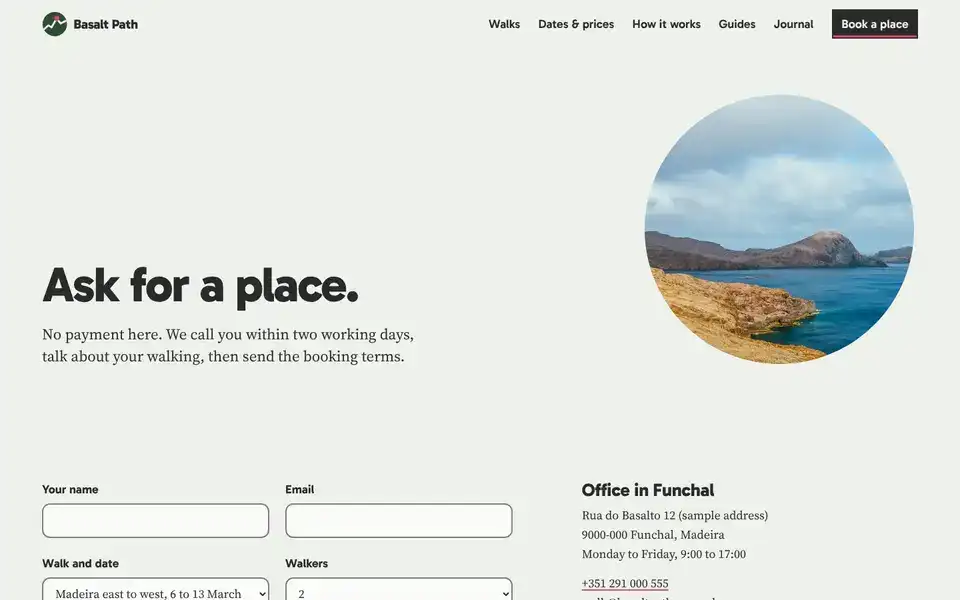 Basalt Path, page "Contact and booking request", first screen
