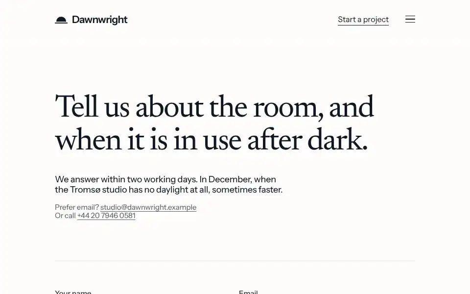 Dawnwright, page "Start a project (form)", first screen