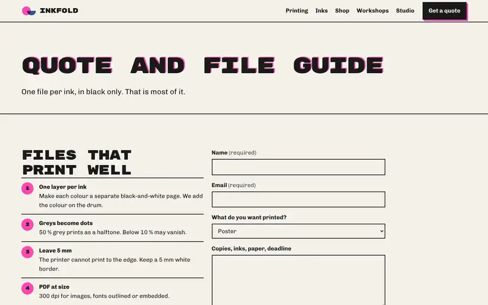 Inkfold, page "Quote and file guide", first screen