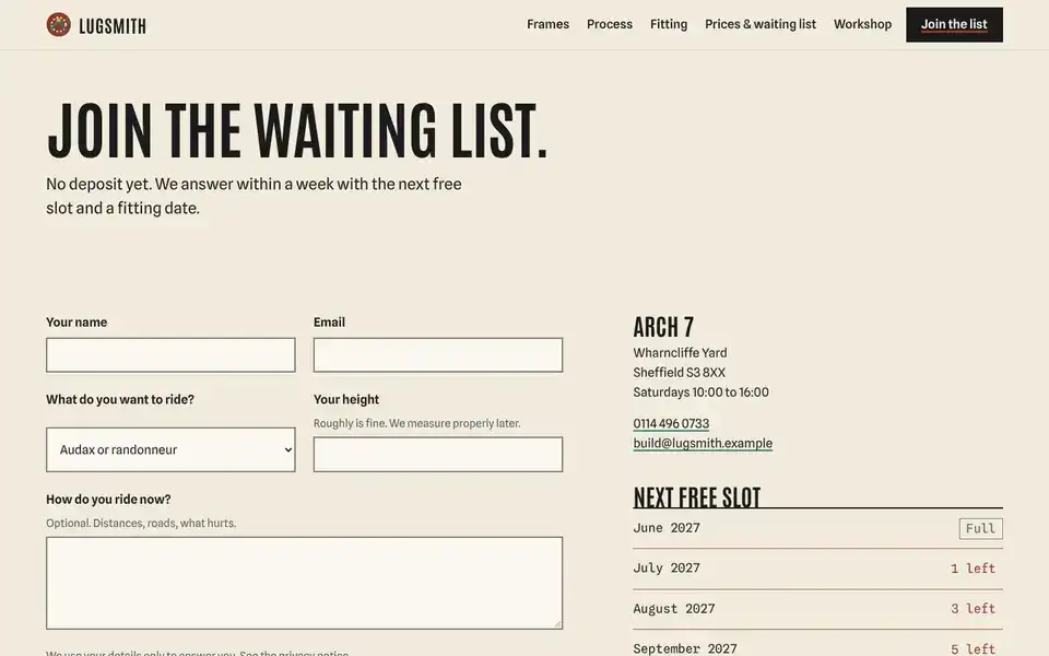 Lugsmith, page "Contact and waiting-list form", first screen
