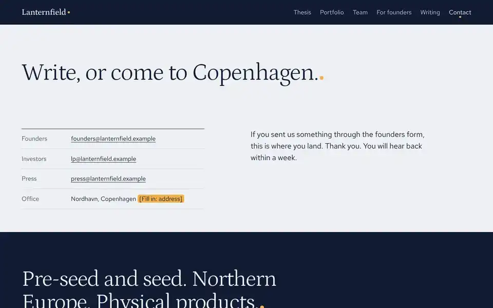 Lanternfield, page "Contact", first screen
