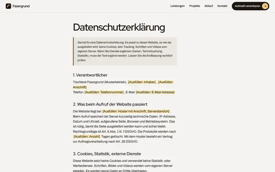 Fasergrund, page "Datenschutzerklärung (Gerüst)", first screen