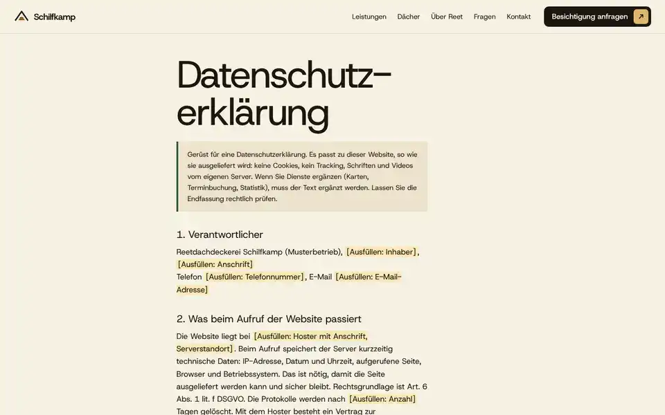 Schilfkamp, page "Datenschutzerklärung (Gerüst)", first screen