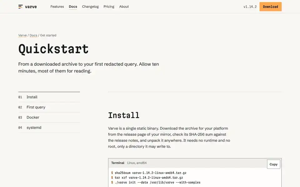 Specimen, page "Docs article template (Quickstart)", first screen