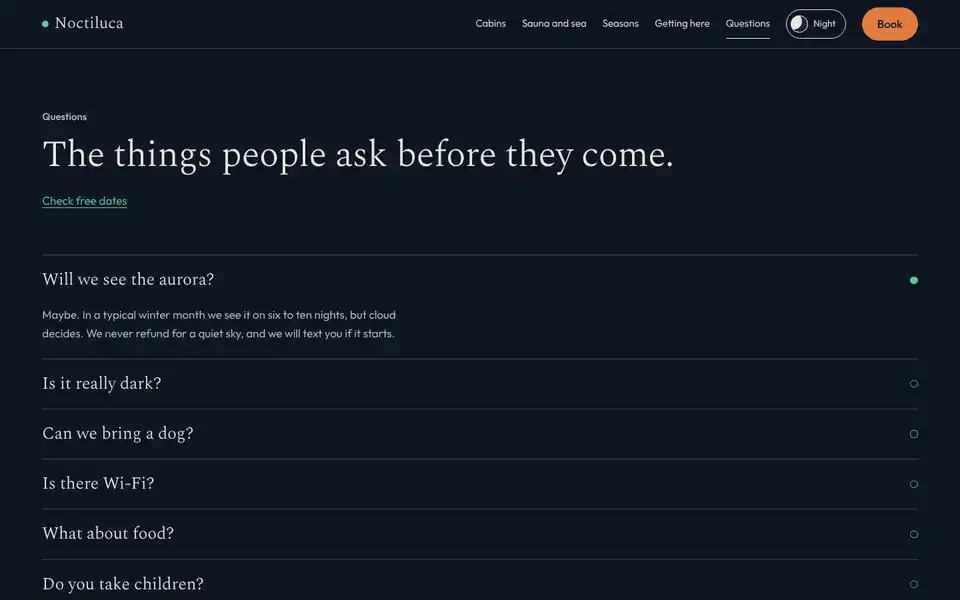 Noctiluca, page "Questions", first screen