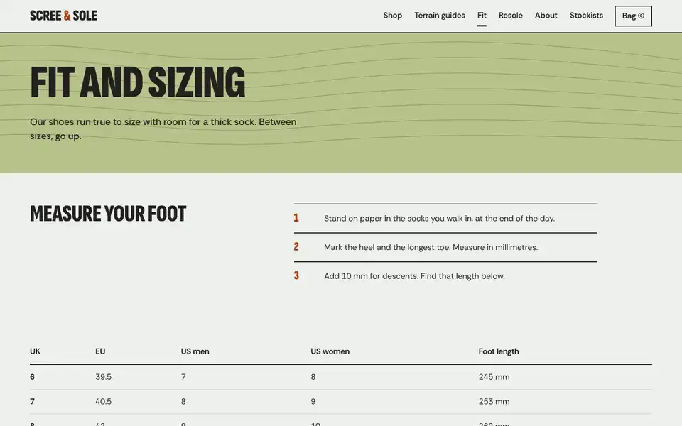 Scree & Sole, page "Fit and sizing", first screen