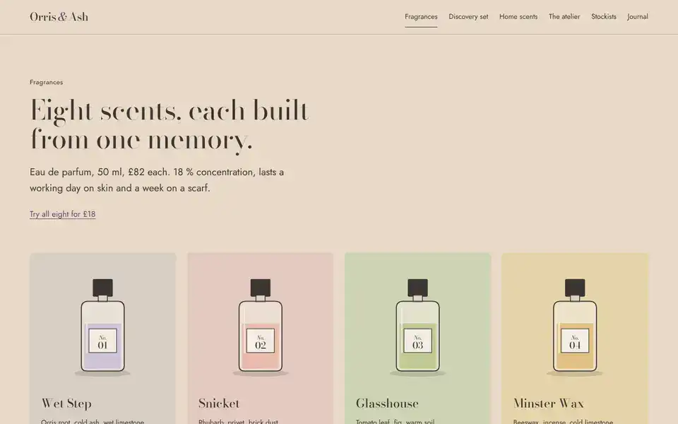 Orris & Ash, page "Fragrances", first screen