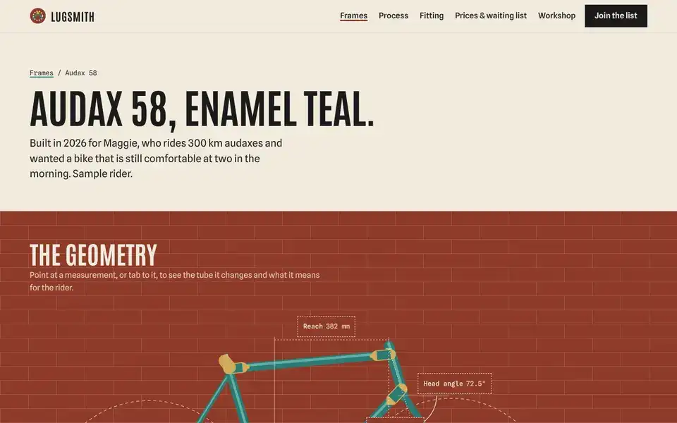 Lugsmith, page "Frame: Audax 58 teal, interactive geometry and spec", first screen