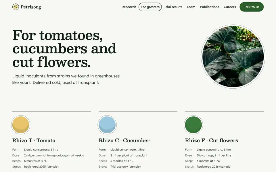 Petrisong, page "For growers: products and prices (sample)", first screen
