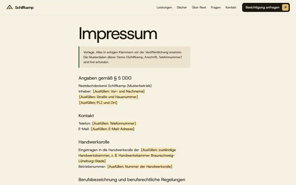 Schilfkamp, page "Impressum (Vorlage § 5 DDG)", first screen