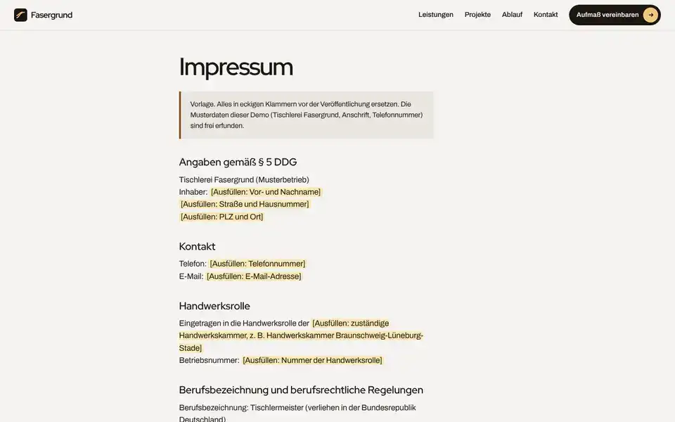 Fasergrund, page "Impressum (Vorlage § 5 DDG)", first screen