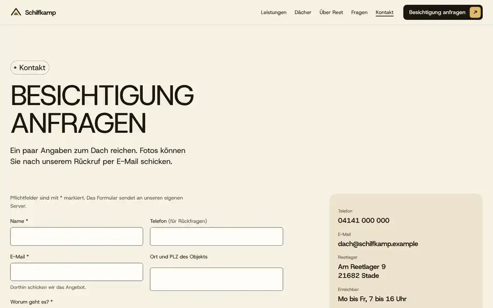Schilfkamp, page "Kontakt mit Anfrageformular", first screen