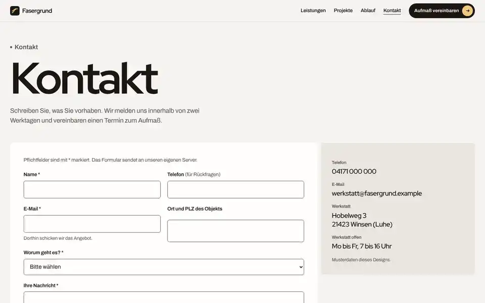 Fasergrund, page "Kontakt mit Anfrageformular", first screen