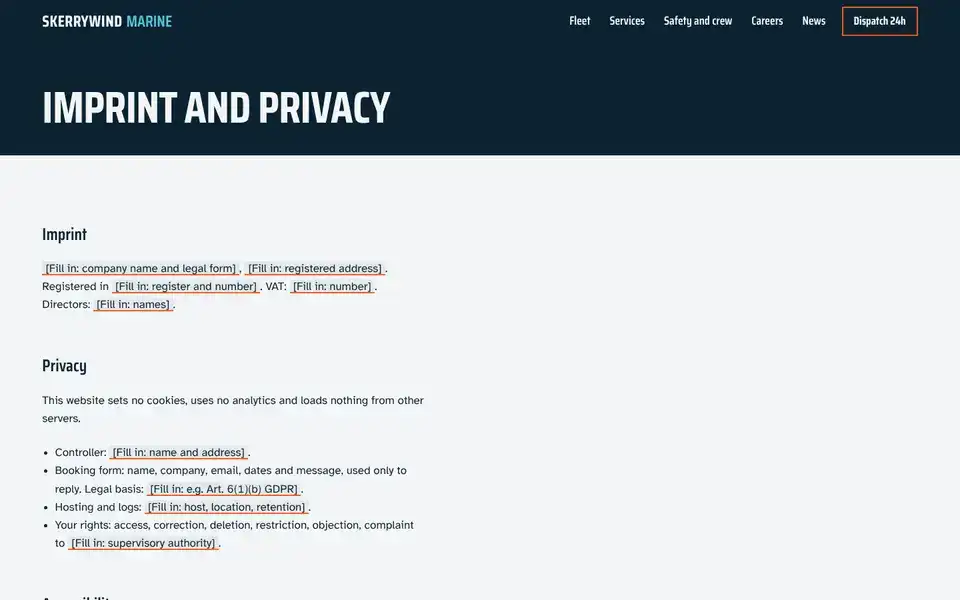 Skerrywind, page "Imprint, privacy and accessibility", first screen