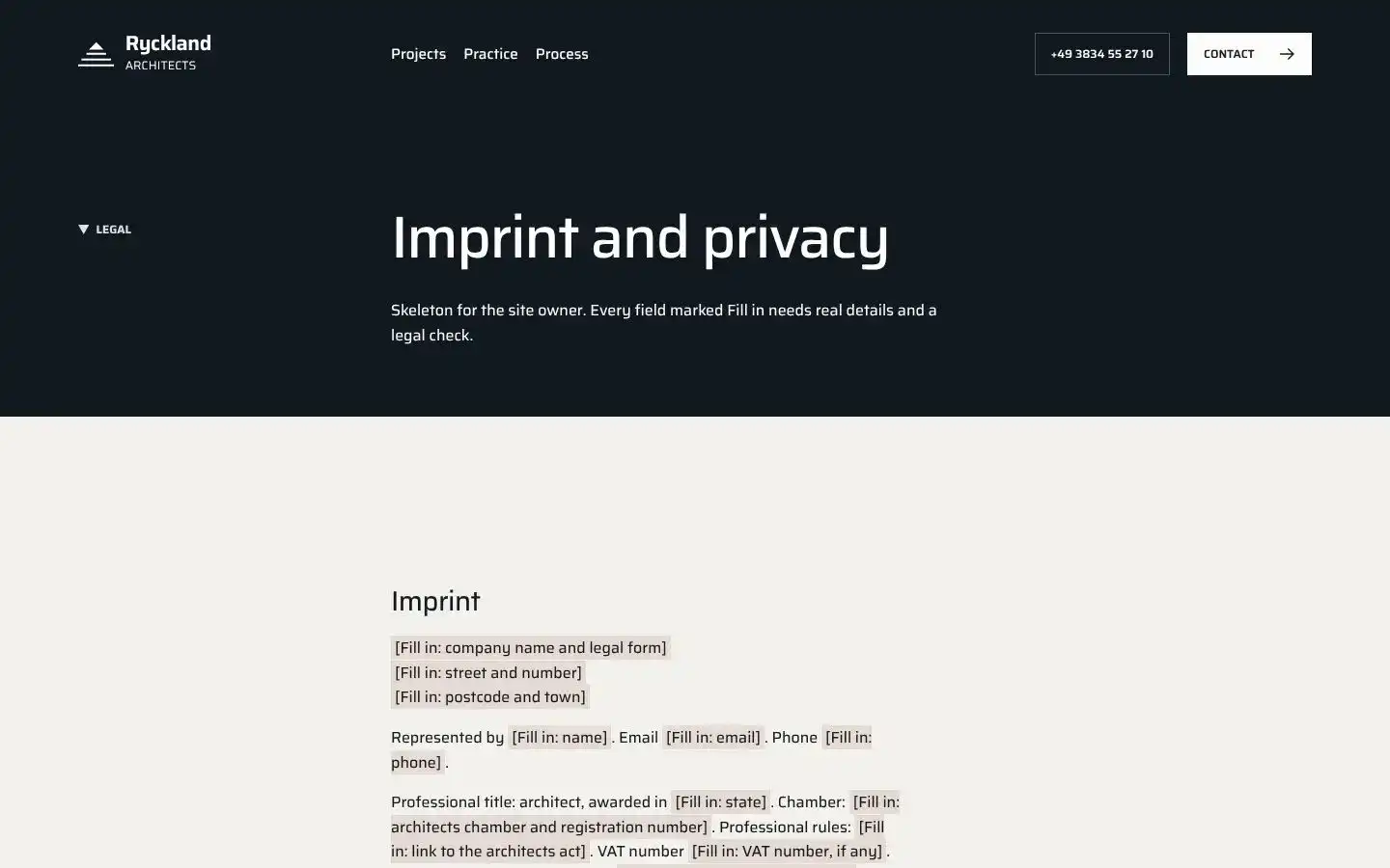 Ryckland, page "Imprint, privacy and accessibility", first screen