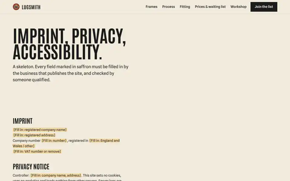 Lugsmith, page "Imprint, privacy, accessibility (skeleton)", first screen