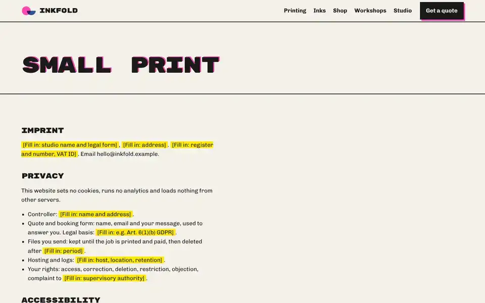 Inkfold, page "Imprint, privacy and accessibility", first screen