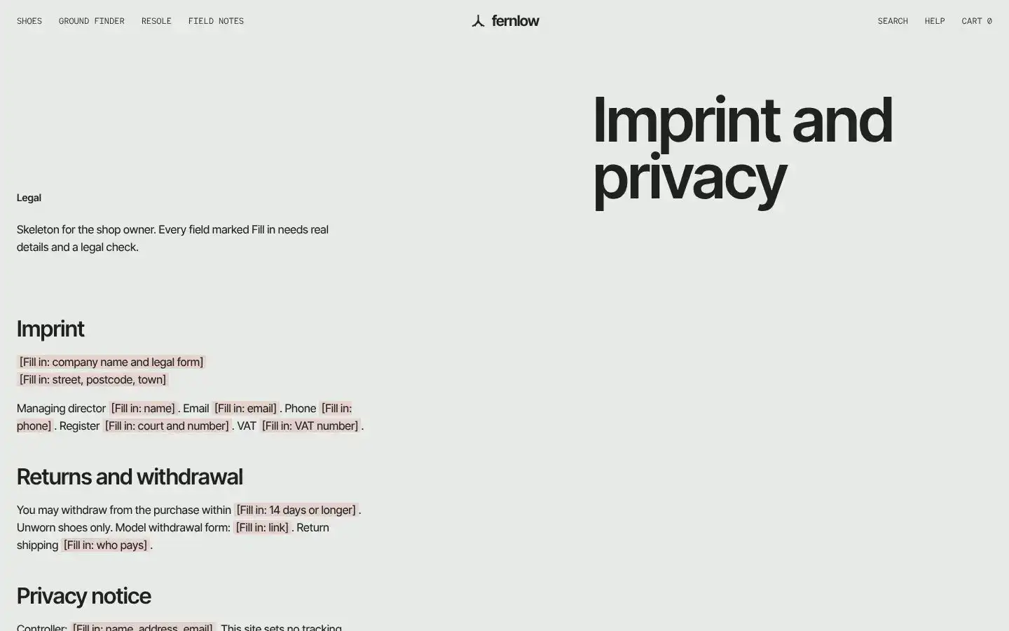 Fernlow, Seite „Imprint, returns, privacy, accessibility“, erster Bildschirm
