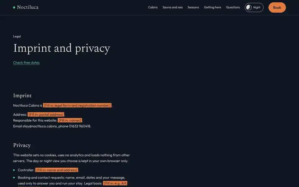 Noctiluca, page "Imprint and privacy", first screen