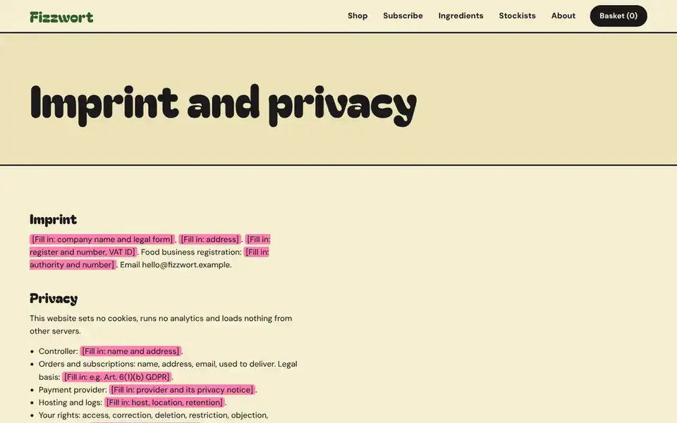 Fizzwort, page "Imprint, privacy, terms of sale and accessibility", first screen
