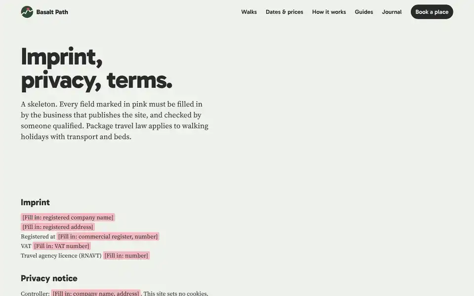 Basalt Path, page "Imprint, privacy, booking terms, accessibility (skeleton)", first screen