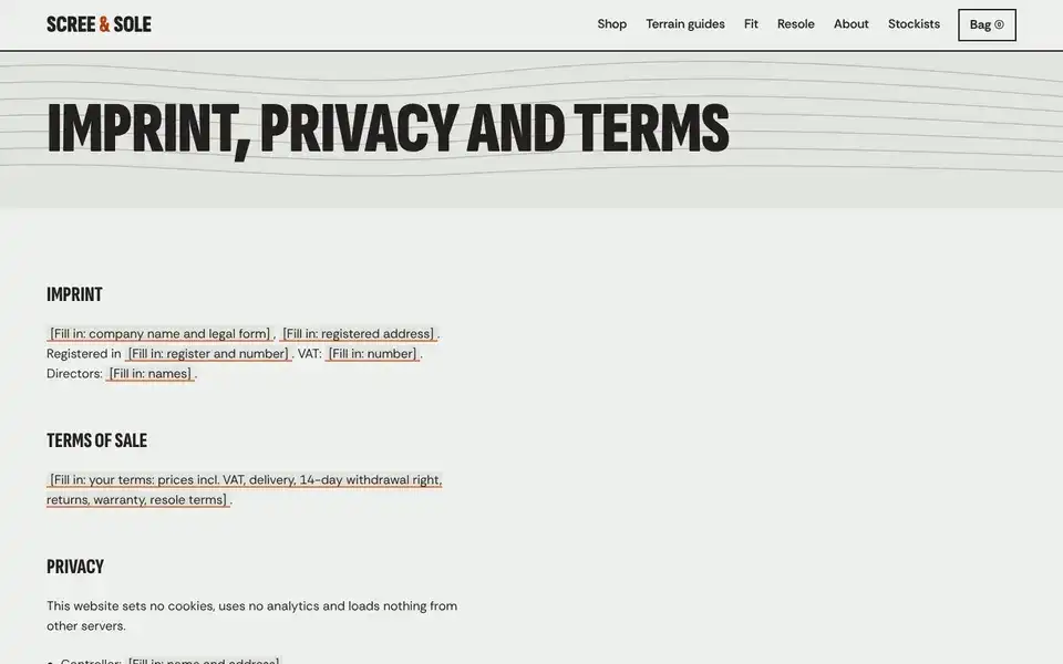 Scree & Sole, page "Imprint, privacy, terms and accessibility", first screen
