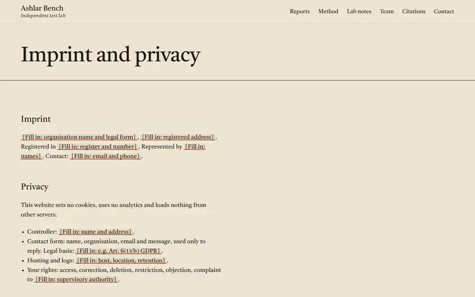 Ashlar Bench, page "Imprint, privacy and accessibility", first screen