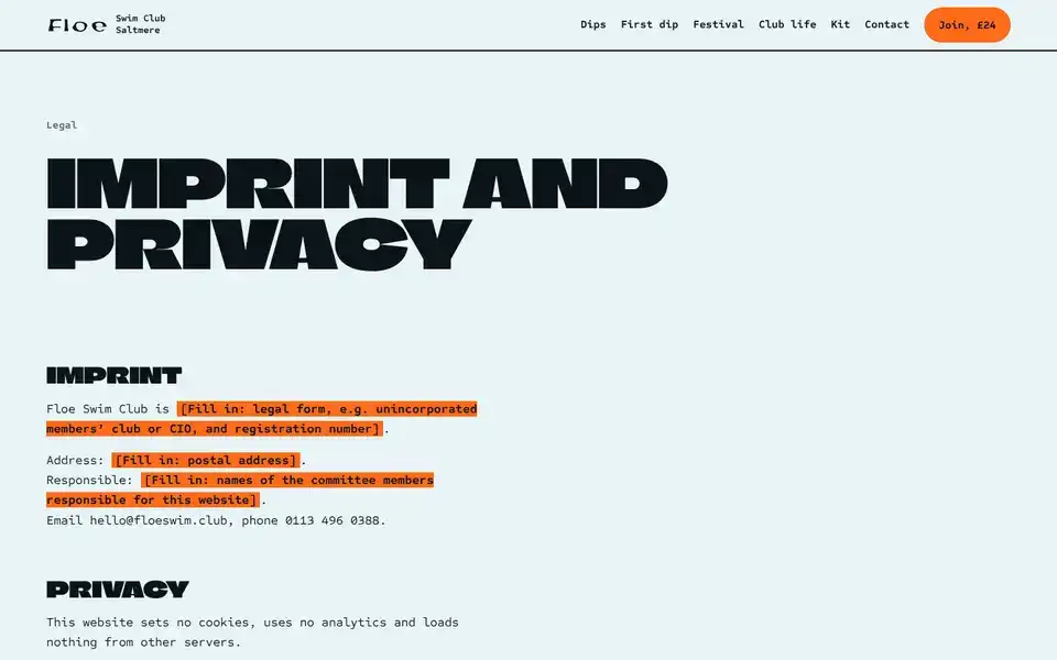 Floe, page "Imprint and privacy", first screen