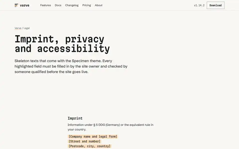 Specimen, page "Imprint, privacy, accessibility (skeleton)", first screen