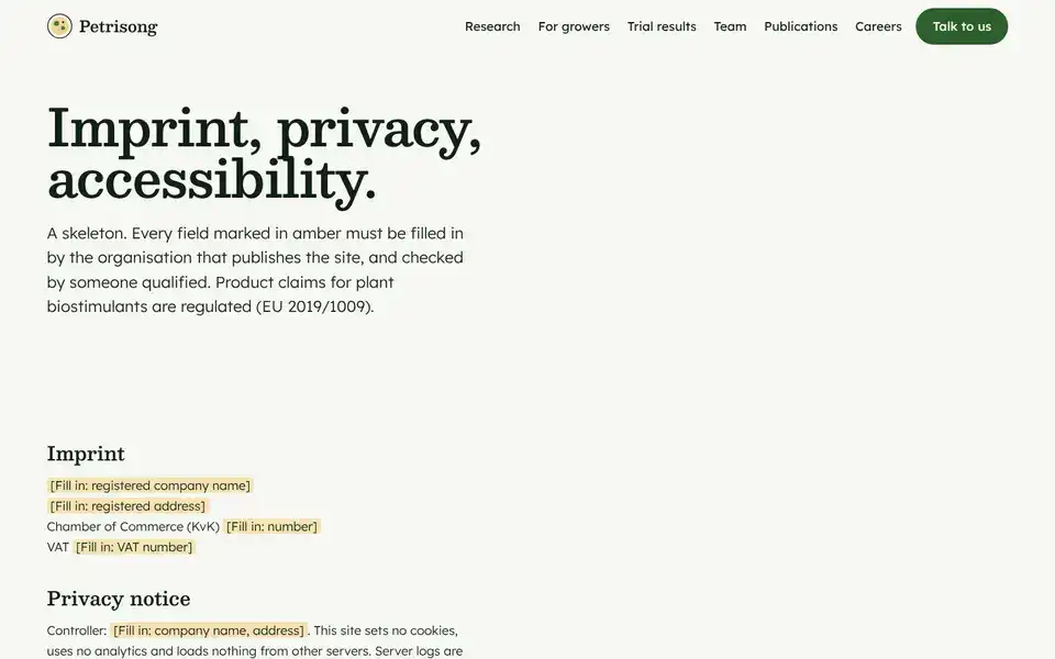 Petrisong, page "Imprint, privacy, accessibility (skeleton)", first screen