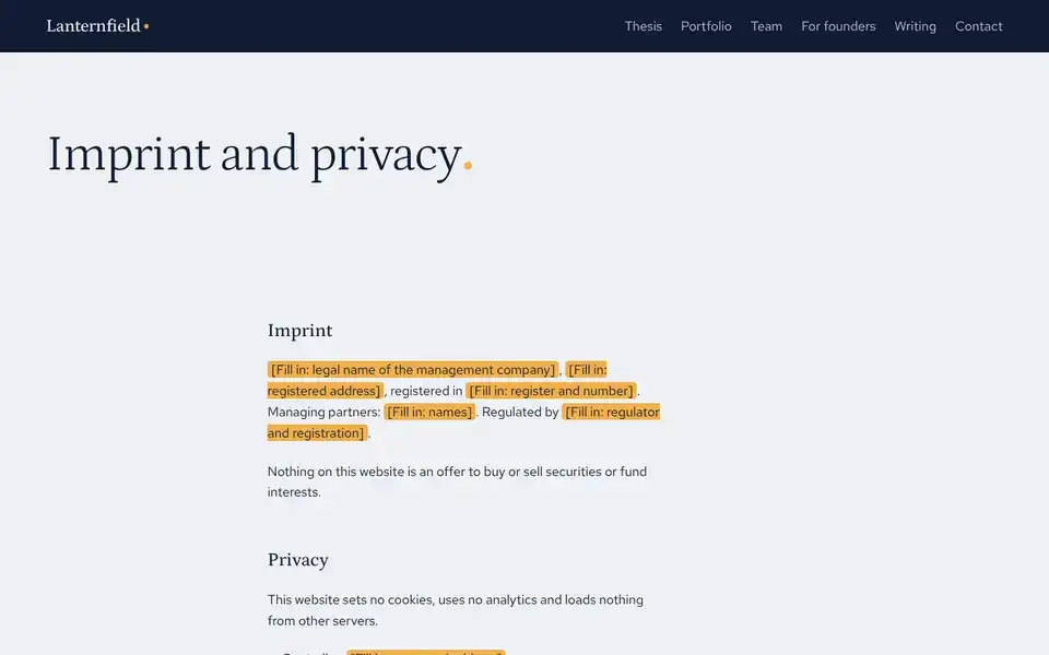 Lanternfield, page "Imprint, privacy and accessibility", first screen