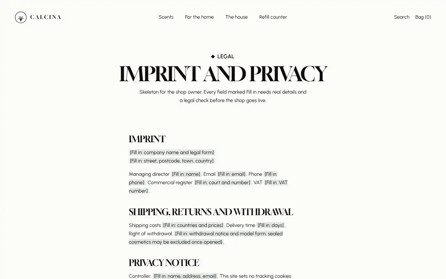Calcina, page "Imprint, shipping, privacy, accessibility", first screen