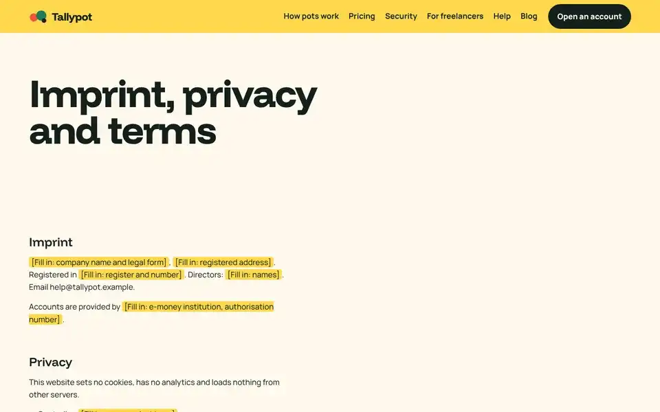Tallypot, page "Imprint, privacy, terms and accessibility", first screen