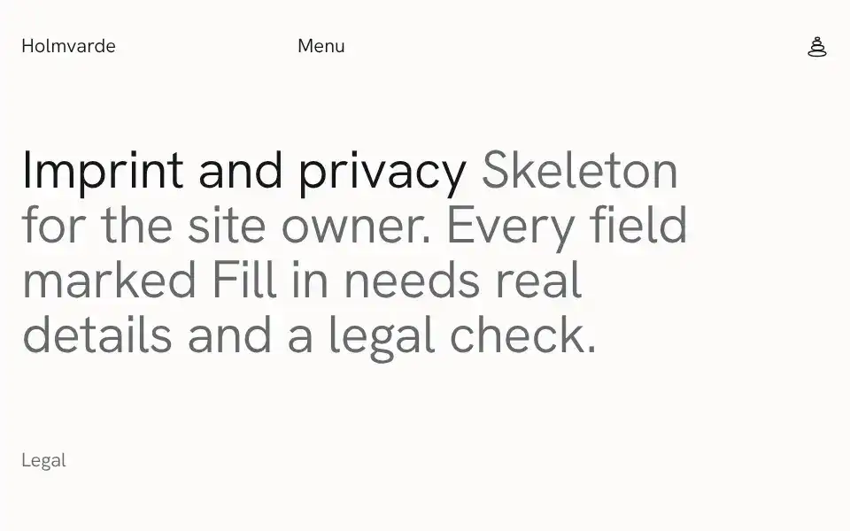 Holmvarde, page "Imprint, privacy and accessibility", first screen