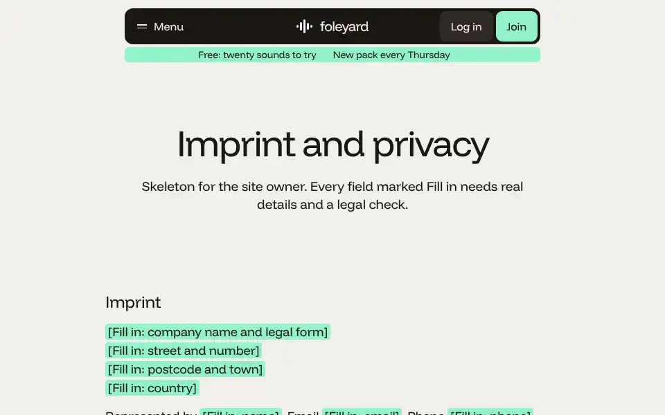 Foleyard, page "Imprint, privacy and accessibility", first screen