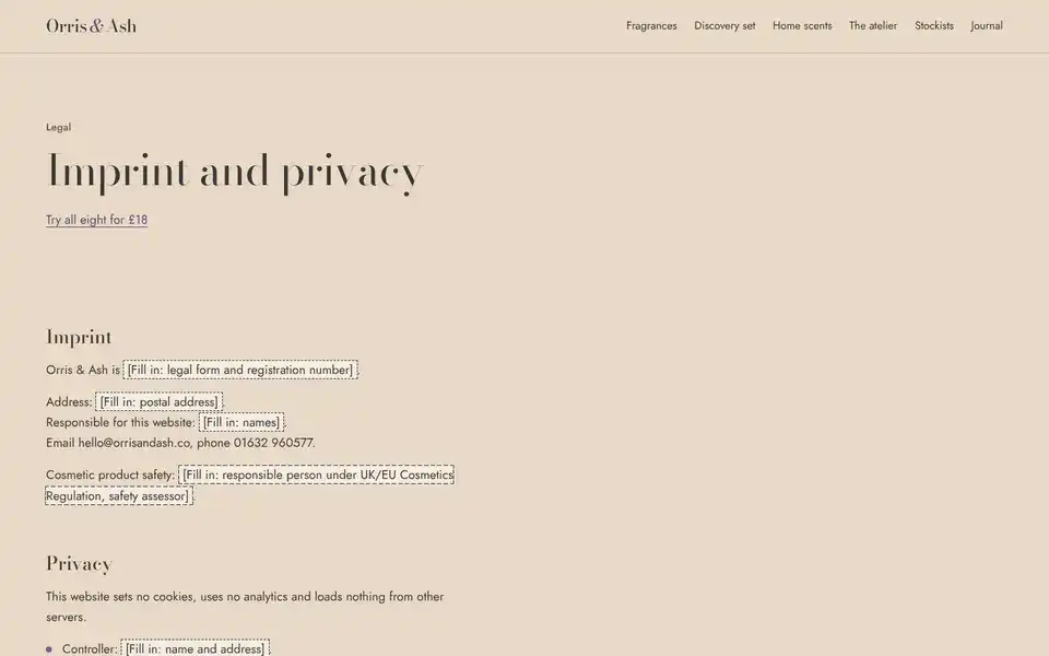 Orris & Ash, page "Imprint and privacy", first screen
