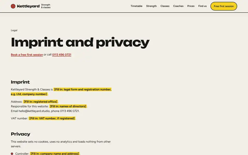Kettleyard, page "Imprint and privacy", first screen