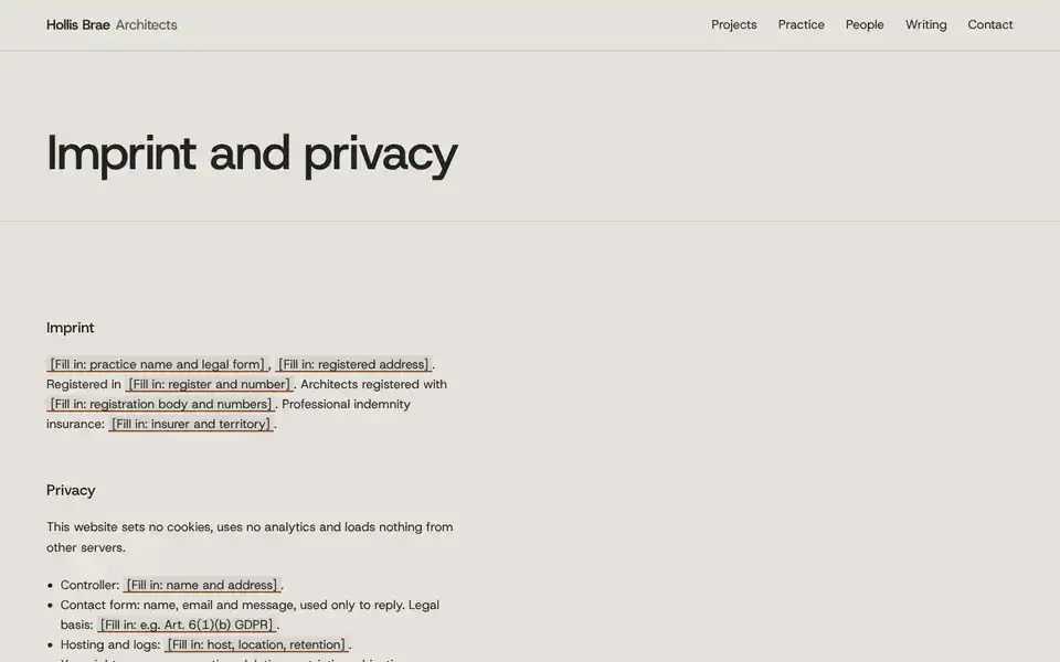 Hollis Brae, Seite „Imprint, privacy and accessibility“, erster Bildschirm